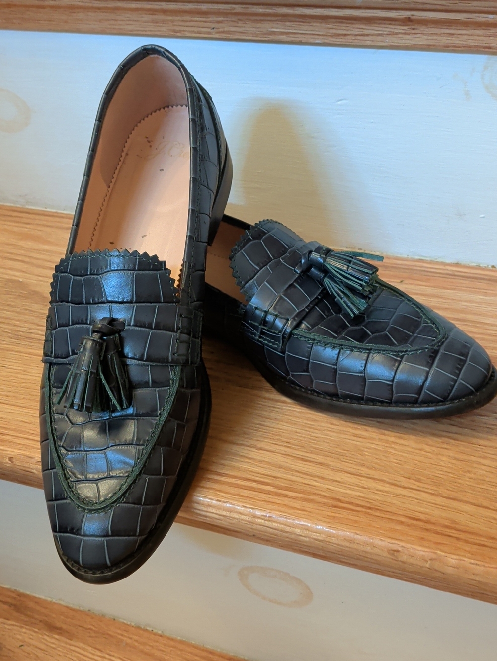 Dark Green Crocodile-Embossed Tassel Loafers